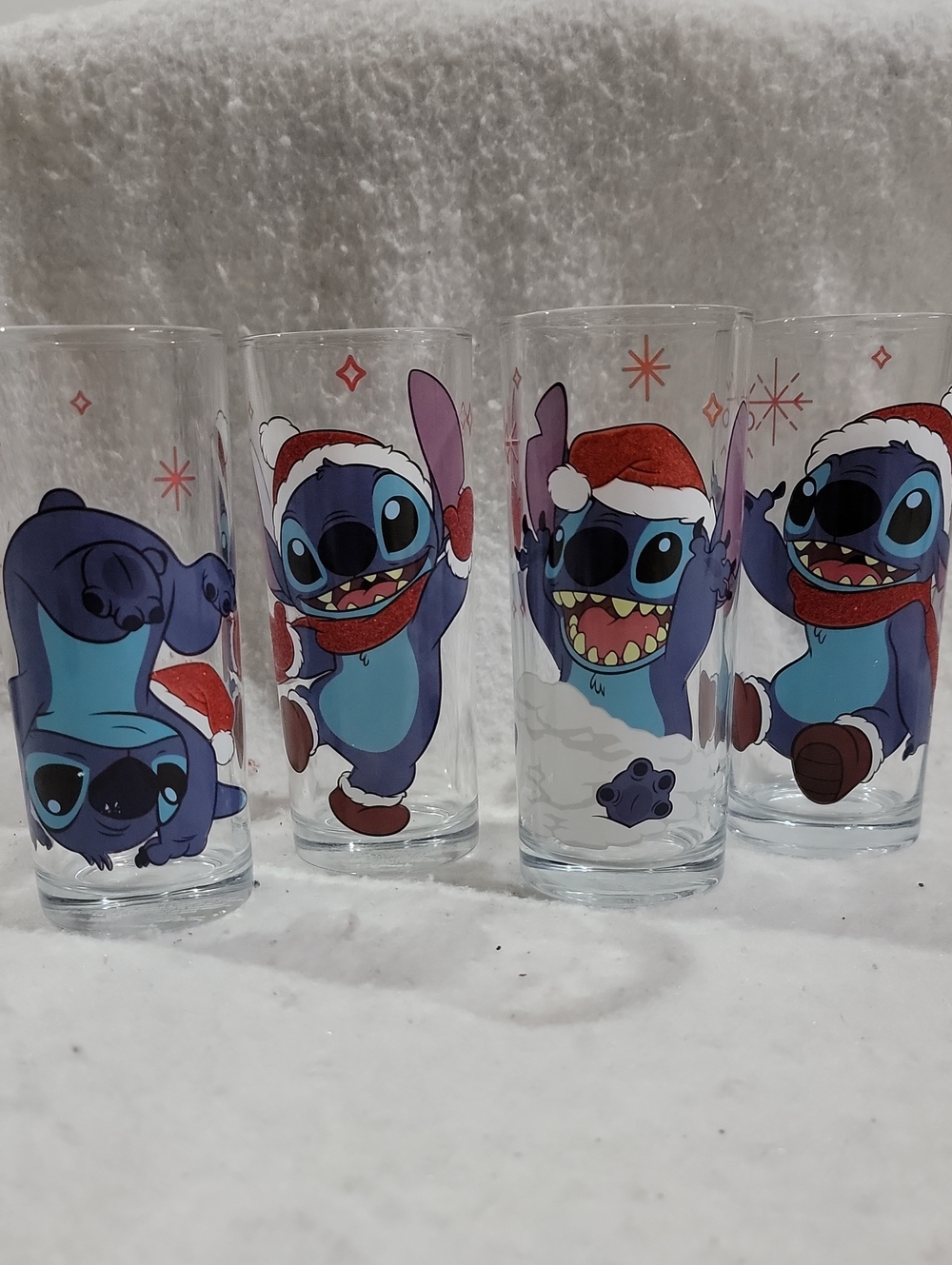 Disney Stitch Holiday Set Of 4 Glass Tumblers - 10 Oz Blue & Red Accents